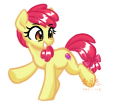 Size: 1024x854 | Tagged: safe, artist:yaaaco, imported from derpibooru, apple bloom, earth pony, pony, adorabloom, cute, female, grin, mare, missing accessory, older, older apple bloom, raised hoof, raised leg, simple background, smiling, solo, white background