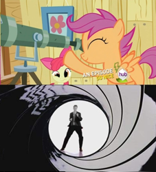 Size: 500x550 | Tagged: safe, imported from derpibooru, apple bloom, scootaloo, exploitable meme, female, filly, gunbarrel, james bond, meme, rick astley, rickroll, telescope, telescope meme, this will end in death, this will end in tears, this will end in tears and/or death