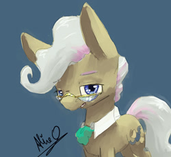 Size: 2282x2093 | Tagged: safe, artist:gorgoalice, imported from ponybooru, mayor mare, earth pony, pony, blue background, blue eyes, brown coat, cutie mark, ears, female, glasses, gorgoalice daily pony, gray mane, gray tail, large ears, looking at you, mare, open mouth, shirt collar, signature, simple background, solo