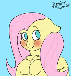 Size: 2800x3000 | Tagged: safe, artist:demitri, imported from derpibooru, fluttershy, pegasus, pony, blushing, bust, cheek fluff, chest fluff, cute, floppy ears, hooves to the chest, looking at you, no pupils, portrait, shyabetes, signature, simple background, smiling, smiling at you, solo, teal background, three quarter view, wings