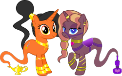 Size: 6428x4000 | Tagged: safe, artist:parclytaxel, imported from derpibooru, oc, oc only, oc:amani, oc:zirithustra, genie, genie pony, pony, unicorn, derpibooru community collaboration, .svg available, 2021 community collab, absurd resolution, bottle, bracelet, bridle, collar, ear piercing, earring, female, horn, horn ring, jewelry, lamp, lidded eyes, looking at you, magic lamp, mare, neck rings, piercing, ponytail, raised hoof, ring, saddle, simple background, smiling, tack, transparent background, vector, wrist cuffs