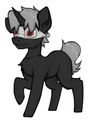 Size: 1045x1406 | Tagged: source needed, safe, artist:marsminer, imported from ponybooru, oc, oc only, oc:pustka, pony, unicorn, black coat, blindfold, chest fluff, ear fluff, ears, horn, one hoof raised, raised hoof, silver mane, simple background, solo, transparent background