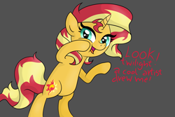 Size: 7381x4921 | Tagged: safe, artist:background basset, imported from derpibooru, sunset shimmer, pony, unicorn, bipedal, female, gray background, happy, implied twilight sparkle, offscreen character, open mouth, simple background, solo, solo female, text