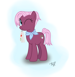 Size: 1056x1080 | Tagged: safe, artist:alexcooler, imported from derpibooru, jasmine leaf, earth pony, pony, female, looking up, mare, one eye closed, shopping bag, solo, wink
