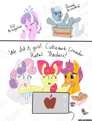 Size: 1986x2613 | Tagged: safe, artist:huffylime, imported from derpibooru, apple bloom, diamond tiara, scootaloo, silver spoon, sweetie belle, earth pony, pegasus, pony, unicorn, apple (company), box, chicken tenders, computer, crying, cutie mark crusaders, eyes closed, female, filly, food, happy, laptop computer, meat, milkshake, money, open mouth, ponies eating meat, scootachicken, stock market, tendies