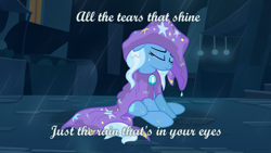 Size: 1920x1080 | Tagged: safe, artist:jeatz-axl, editor:grapefruitface, imported from derpibooru, trixie, pony, unicorn, 1920x1080, cape, clothes, crying, eyes closed, female, hat, rain, sad, sitting, solo, song reference, the sad and depresive trixie, toto (band), trixie's cape, trixie's hat, wallpaper