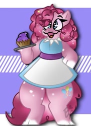 Size: 591x813 | Tagged: safe, artist:mochimisfts, imported from derpibooru, pinkie pie, anthro, earth pony, unguligrade anthro, clothes, cloven hooves, cupcake, dress, eye clipping through hair, female, food, plate, smiling, solo