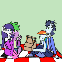 Size: 800x800 | Tagged: safe, artist:mintymelody, imported from derpibooru, rainbow dash, rarity, soarin', spike, anthro, basket, double date, female, male, picnic basket, picnic blanket, shipping, soarindash, sparity, straight