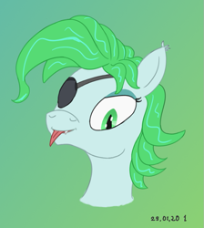 Size: 721x805 | Tagged: safe, artist:0nonim, artist:ononim, imported from derpibooru, oc, oc only, oc:icy mint, bat pony, pony, bust, catchlights, eyepatch, fangs, female, gradient background, highlights, lidded eyes, looking at you, mare, solo, tongue out