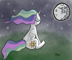 Size: 1080x900 | Tagged: safe, artist:rossponeart, imported from derpibooru, princess celestia, alicorn, pony, mare in the moon, moon, night, princess, rear view, solo