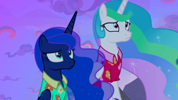 Size: 1920x1080 | Tagged: safe, imported from derpibooru, screencap, princess celestia, princess luna, alicorn, pony, between dark and dawn, clothes, concerned, confused, cutie mark, duo, ethereal mane, female, flowing mane, folded wings, hair, hawaiian shirt, horn, multicolored mane, royal sisters, shirt, siblings, sisters, spanish description, starry mane, vacation, wings, worried