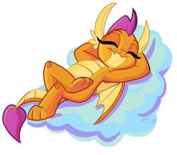 Size: 4096x3585 | Tagged: dead source, safe, artist:sophillia, imported from derpibooru, smolder, dragon, cloud, crossed legs, cute, dragoness, eyes closed, female, horns, lying down, lying on a cloud, on a cloud, relaxing, simple background, smolderbetes, solo, teenaged dragon, teenager, toes, underfoot, white background