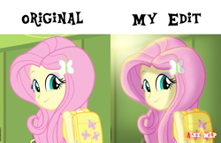 Size: 2080x1346 | Tagged: safe, artist:alex mlp, edit, edited screencap, imported from derpibooru, screencap, fluttershy, human, equestria girls, equestria girls (movie), backpack, beautiful, cute, lighting, looking back, redraw, shading, smiling, solo
