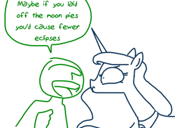 Size: 558x406 | Tagged: safe, artist:the weaver, artist:weaver, imported from derpibooru, princess luna, oc, oc:anon, alicorn, human, pony, angry, luna is not amused, this will end in tears and/or a journey to the moon, unamused