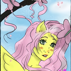 Size: 450x450 | Tagged: artist needed, source needed, safe, imported from derpibooru, fluttershy, anthro, pegasus, blushing, bust, cloud, eyelashes, female, outdoors, solo, tree