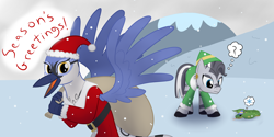 Size: 2000x1000 | Tagged: safe, artist:mightyshockwave, imported from derpibooru, oc, oc only, oc:gaela, oc:wasumu, bird, blue jay, griffon, snake, zebra, christmas, clothes, costume, griffon oc, holiday, looking at you, merry christmas, sack, santa costume, snow, zebra oc