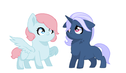 Size: 960x556 | Tagged: safe, artist:clarity83, imported from derpibooru, oc, oc only, oc:fairy floss, oc:patty cake, pegasus, pony, unicorn, blank flank, cute, duo, female, filly, foal, offspring, parent:pinkie pie, parent:pokey pierce, parents:pokeypie, siblings, simple background, sisters, white background