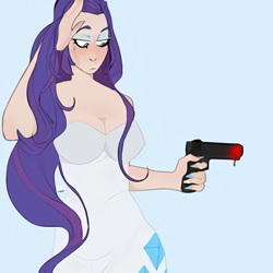 Size: 450x450 | Tagged: artist needed, source needed, safe, imported from derpibooru, rarity, human, blood, blue background, breasts, busty rarity, clothes, cutie mark, cutie mark on clothes, female, gun, humanized, simple background, solo, weapon