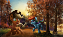 Size: 1890x1104 | Tagged: safe, artist:rbtm233, imported from derpibooru, applejack, rainbow dash, earth pony, pegasus, pony, autumn, duo, duo female, female, mare, mountain, running, tree