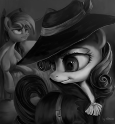 Size: 1535x1654 | Tagged: safe, artist:rbtm233, imported from derpibooru, rainbow dash, rarity, pegasus, pony, unicorn, rarity investigates, black and white, clothes, detective rarity, duo, duo female, fedora, female, grayscale, hat, mare, monochrome, noir, trenchcoat