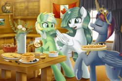 Size: 1920x1273 | Tagged: safe, artist:pyropk, imported from derpibooru, oc, oc only, alicorn, pegasus, pony, alicorn oc, canada, canadian, canadian flag, flag, horn, poutine, shameless stereotype, signature, syrup, wings