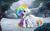 Size: 3140x1928 | Tagged: safe, artist:angellightyt, imported from derpibooru, sunbeam, oc, oc only, pony, unicorn, ag, ambiguous gender, breath, cape, clothes, colored belly, colored muzzle, colored pupils, crepuscular rays, crown, dark belly, eye clipping through hair, eyebrows, eyebrows visible through hair, floppy ears, forest, horn, jewelry, leonine tail, mane, multicolored hair, outdoors, purple eyes, rainbow hair, rainbow tail, regalia, scenery, side view, snow, snowfall, solo, solo ambiguous, standing, white fur