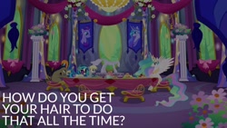Size: 1920x1080 | Tagged: safe, edit, edited screencap, editor:quoterific, imported from derpibooru, screencap, cranky doodle donkey, derpy hooves, dj pon-3, princess celestia, starlight glimmer, vinyl scratch, alicorn, donkey, pegasus, pony, unicorn, no second prances, angry, crown, derp, food, jewelry, open mouth, regalia