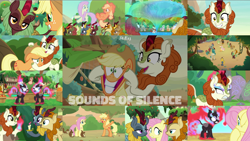 Size: 1972x1110 | Tagged: safe, edit, edited screencap, editor:quoterific, imported from derpibooru, screencap, applejack, autumn afternoon, autumn blaze, cinder glow, fern flare, fluttershy, forest fall, maple brown, pumpkin smoke, rain shine, sparkling brook, spring glow, summer flare, winter flame, earth pony, kirin, nirik, pegasus, pony, sounds of silence, angry, applejack's hat, bipedal, cowboy hat, glowing eyes, gritted teeth, hat, magic, magic aura, messy mane, open mouth