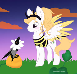 Size: 1024x990 | Tagged: safe, artist:hirundoarvensis, imported from derpibooru, oc, oc:arvensis, oc:joe the crow, bee, bird, crow, hooded crow, insect, pegasus, pony, clothes, costume, female, flower, halloween, halloween costume, holiday, pegasus oc, pet, pumpkin, wings
