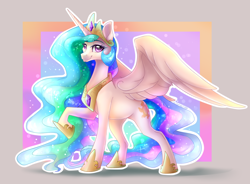 Size: 2820x2080 | Tagged: safe, artist:alissa1010, imported from derpibooru, princess celestia, alicorn, pony, abstract background, eyebrows, eyebrows visible through hair, female, high res, looking at you, mare, raised hoof, smiling, smiling at you, solo, spread wings, twibooru import, wings