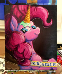 Size: 1024x1224 | Tagged: safe, artist:colorsceempainting, imported from derpibooru, pinkie pie, earth pony, pony, bust, fake horn, food, french, ice cream, ice cream cone, ice cream horn, painting, portrait, solo, traditional art