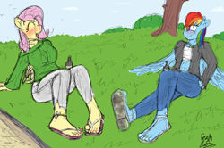 Size: 3604x2395 | Tagged: safe, artist:fetishsketches, imported from derpibooru, angel bunny, fluttershy, rainbow dash, anthro, pegasus, plantigrade anthro, anklet, blushing, clothes, commission, doodle, drink, duo, feet, flip-flops, jeans, nail polish, pants, park, sandals, short shirt, sitting, tattoo, toe ring, toenail polish