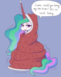 Size: 1706x2160 | Tagged: safe, artist:puetsua, edit, editor:totallynotanoob, imported from derpibooru, princess celestia, alicorn, pony, blanket, cold, coldlestia, female, hat, horn, horn sleeve, implied princess luna, lidded eyes, mare, nightcap, open mouth, question, shivering, simple background, solo, speech bubble