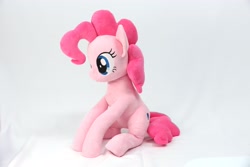 Size: 4096x2731 | Tagged: safe, artist:shunnkai, imported from derpibooru, imported from ponybooru, pinkie pie, earth pony, pony, female, irl, mare, photo, plushie, side view, sitting, smiling, solo