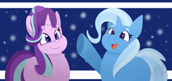 Size: 1000x471 | Tagged: safe, artist:heartbeat420, imported from derpibooru, starlight glimmer, trixie, pony, unicorn, blushing, cute, diatrixes, duo, female, glimmerbetes, lesbian, mare, open mouth, raised hoof, shipping, smiling, startrix