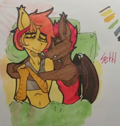 Size: 2045x2160 | Tagged: safe, artist:settt, imported from derpibooru, oc, oc:kirsche sprengstoff, oc:saturn gravity, anthro, bat pony, hybrid, bat wings, bed, cuddling, photo, traditional art, wings