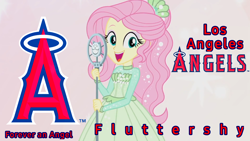 Size: 1280x720 | Tagged: source needed, safe, edit, edited screencap, imported from derpibooru, screencap, fluttershy, equestria girls, equestria girls series, so much more to me, clothes, dress, looking at you, los angeles angels, microphone, mlb, open mouth, wallpaper