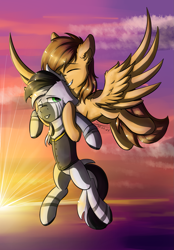 Size: 1275x1833 | Tagged: safe, artist:yuris, imported from derpibooru, oc, oc only, oc:sharpwing, earth pony, pegasus, pony, zebra, sunset, zebra oc