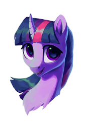 Size: 2480x3508 | Tagged: safe, artist:loonya, imported from derpibooru, twilight sparkle, pony, unicorn, bust, chest fluff, curved horn, horn, looking at you, portrait, simple background, smiling, smiling at you, solo, transparent background