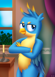 Size: 2480x3508 | Tagged: safe, artist:leonkay, imported from derpibooru, gallus, griffon, candle, crossed arms, solo