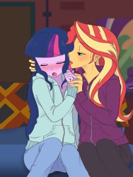 Size: 1620x2160 | Tagged: safe, artist:haibaratomoe, imported from derpibooru, sci-twi, sunset shimmer, twilight sparkle, equestria girls, blushing, cute, duo, duo female, ear licking, eyes closed, female, lesbian, licking, loose hair, missing accessory, open mouth, scitwishimmer, shimmerbetes, shipping, sunsetsparkle, tongue out, twiabetes