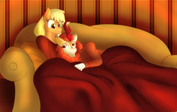 Size: 2850x1800 | Tagged: safe, artist:sixes&sevens, imported from derpibooru, applejack, autumn blaze, anthro, autumnjack, blanket, couch, female, lesbian, pillow, shipping, snuggling