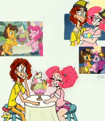 Size: 1747x2015 | Tagged: safe, artist:citi, idw, imported from derpibooru, cheese sandwich, pinkie pie, human, spoiler:comic94, canon, cheesepie, clothes, cutie mark, cutie mark on clothes, dating, female, food, humanized, ice cream, male, scene interpretation, shipping, straight