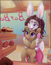 Size: 2200x2800 | Tagged: safe, artist:viwrastupr, imported from derpibooru, oc, oc only, oc:dawnsong, oc:lindli, anthro, earth pony, pony, rabbit, animal, bakery, clothes, cutie mark, digital art, female, furry, furry oc, hooves, lifting, one eye closed, open mouth, pants, shirt