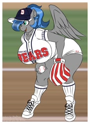 Size: 755x1040 | Tagged: safe, artist:littlebibbo, artist:shaydraws, color edit, edit, imported from derpibooru, oc, oc only, oc:bibbo, anthro, pegasus, unguligrade anthro, ball, baseball, baseball cap, baseball glove, bent over, big breasts, breasts, cap, clothes, colored, female, freckles, hat, holding, huge breasts, mare, open mouth, shoes, shorts, smiling, sneakers, solo, sports, stadium