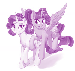 Size: 1280x1202 | Tagged: safe, artist:dstears, imported from derpibooru, rarity, twilight sparkle, alicorn, pony, alternate hairstyle, cute, digital art, female, friends, mare, pigtails, raribetes, simple background, smiling, twiabetes, twilight sparkle (alicorn), twintails, white background