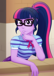 Size: 1980x2800 | Tagged: safe, artist:whitequartztheartist, imported from derpibooru, sci-twi, twilight sparkle, equestria girls, glasses, leaning, solo