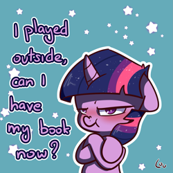 Size: 1625x1625 | Tagged: safe, artist:lou, imported from derpibooru, twilight sparkle, pony, unicorn, blushing, book, crossed hooves, cute, dialogue, female, filly, filly twilight sparkle, floppy ears, foal, grumpy, grumpy twilight, hnnng, lidded eyes, looking at you, scrunchy face, skewed priorities, solo, stars, that pony sure does love books, that pony sure does love studies, twiabetes, unicorn twilight, younger