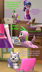 Size: 1920x3240 | Tagged: safe, artist:red4567, imported from derpibooru, sci-twi, spike, spike the regular dog, twilight sparkle, dog, equestria girls, equestria girls series, reboxing with spike!, spoiler:eqg series (season 2), 3d, computer, crossover, everest (paw patrol), laptop computer, paw patrol, source filmmaker, youtuber