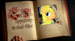 Size: 2000x1103 | Tagged: safe, edit, edited screencap, editor:ciaran, imported from derpibooru, screencap, flash sentry, human, pegasus, pony, armor, blackletter, book, hand, helmet, irl, irl human, looking at you, male, monty python, monty python and the holy grail, photo, royal guard, sir not appearing in this film, solo, stallion